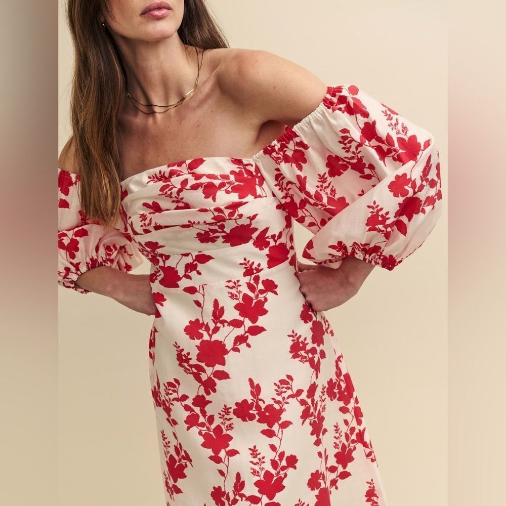 Nobody's Child Floral Off-Shoulder Dress in Red and Cream - Picture 6 of 6